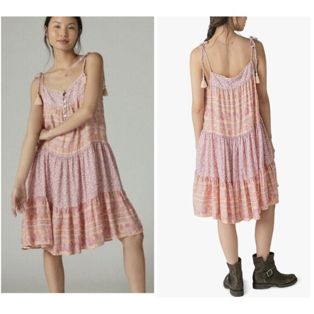 Lucky Brand Cottage  Floral Long Dress XS Pink Boho Coquette NWT